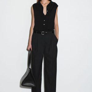 PLEATED BARREL-LEG WOOL PANTS