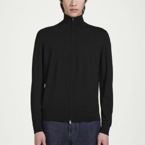 FUNNEL-NECK MERINO WOOL ZIP-UP CARDIGAN