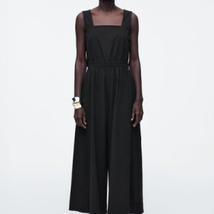 OPEN-BACK SEERSUCKER WIDE-LEG JUMPSUIT