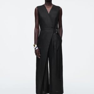 WRAP-FRONT LINEN JUMPSUIT