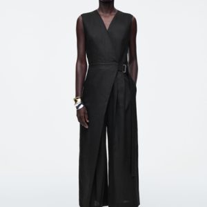 WRAP-FRONT LINEN JUMPSUIT