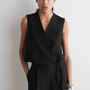 TIE-DETAIL LINEN-BLEND WRAP VEST