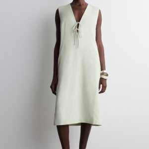 LINEN-BLEND TIE-FRONT MIDI DRESS