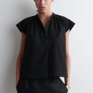 GATHERED GRANDAD-COLLAR BLOUSE